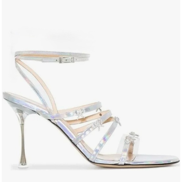 MACH & MACH Camille Silver Strap Heels with Diamanté Bows NWOT - Picture 1 of 13
